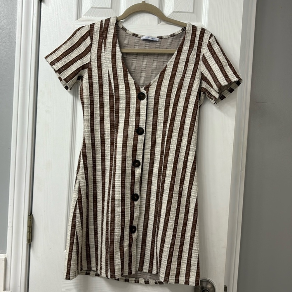 Zara Trafaluc Striped Rustic Buttoned Mini Dress Size Small Tan and Brown